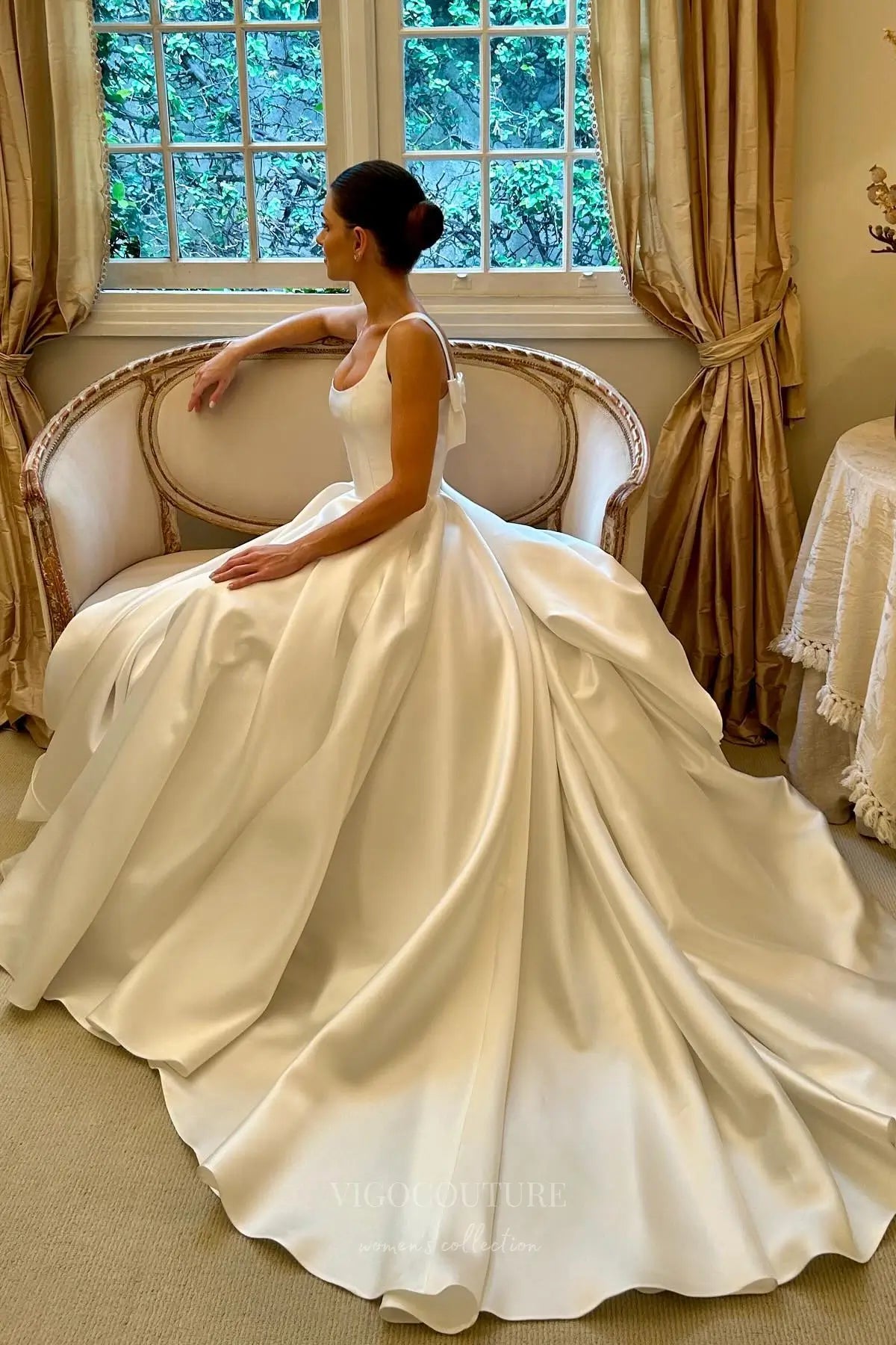Ivory Satin Square Neck Wedding Dress with Cathedral Train – W2325 – vigocouture