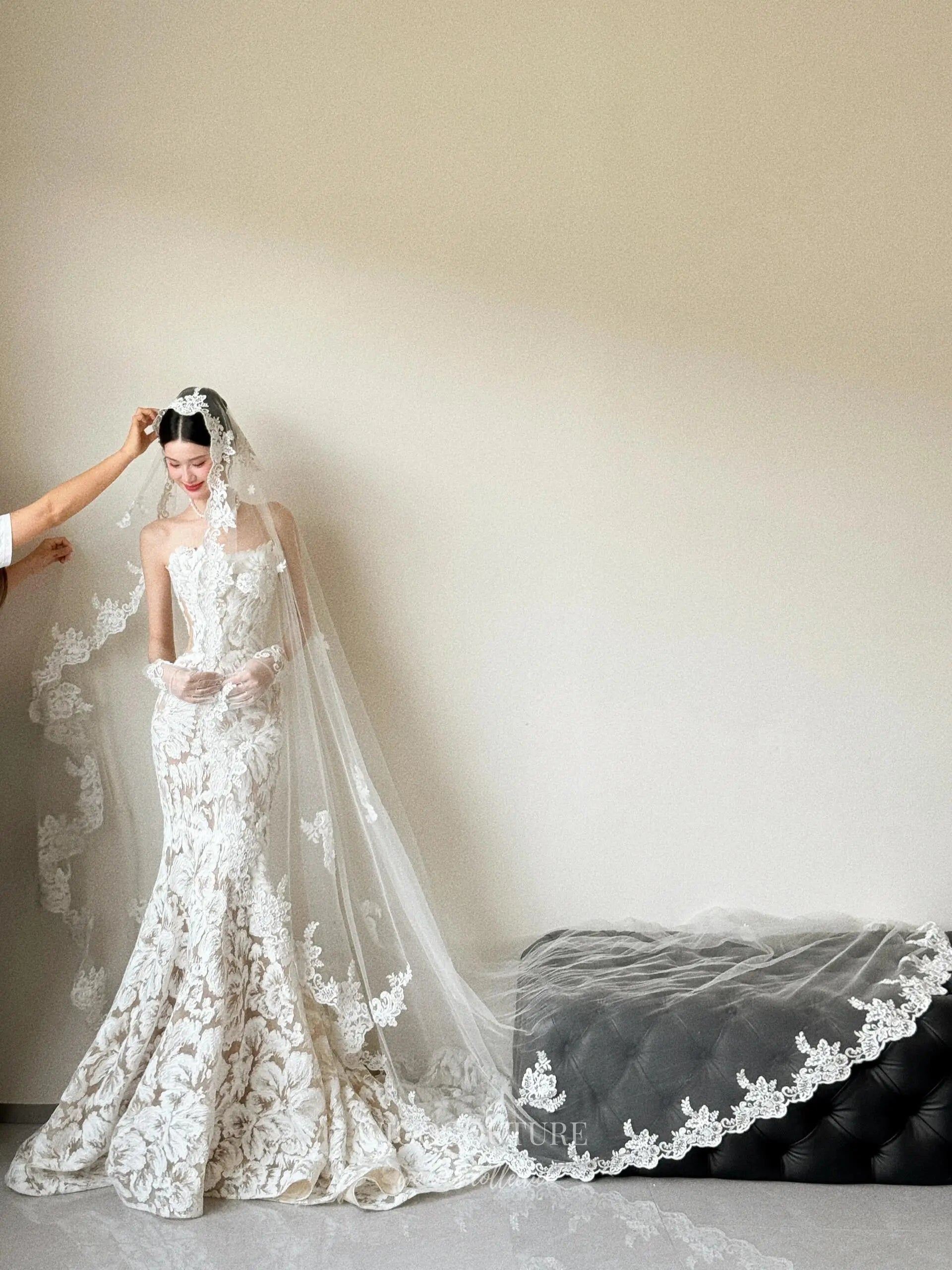 chinese dress ladies Ivory Strapless Lace Mermaid Wedding Dress with Veil – RD034 Ivory / US16