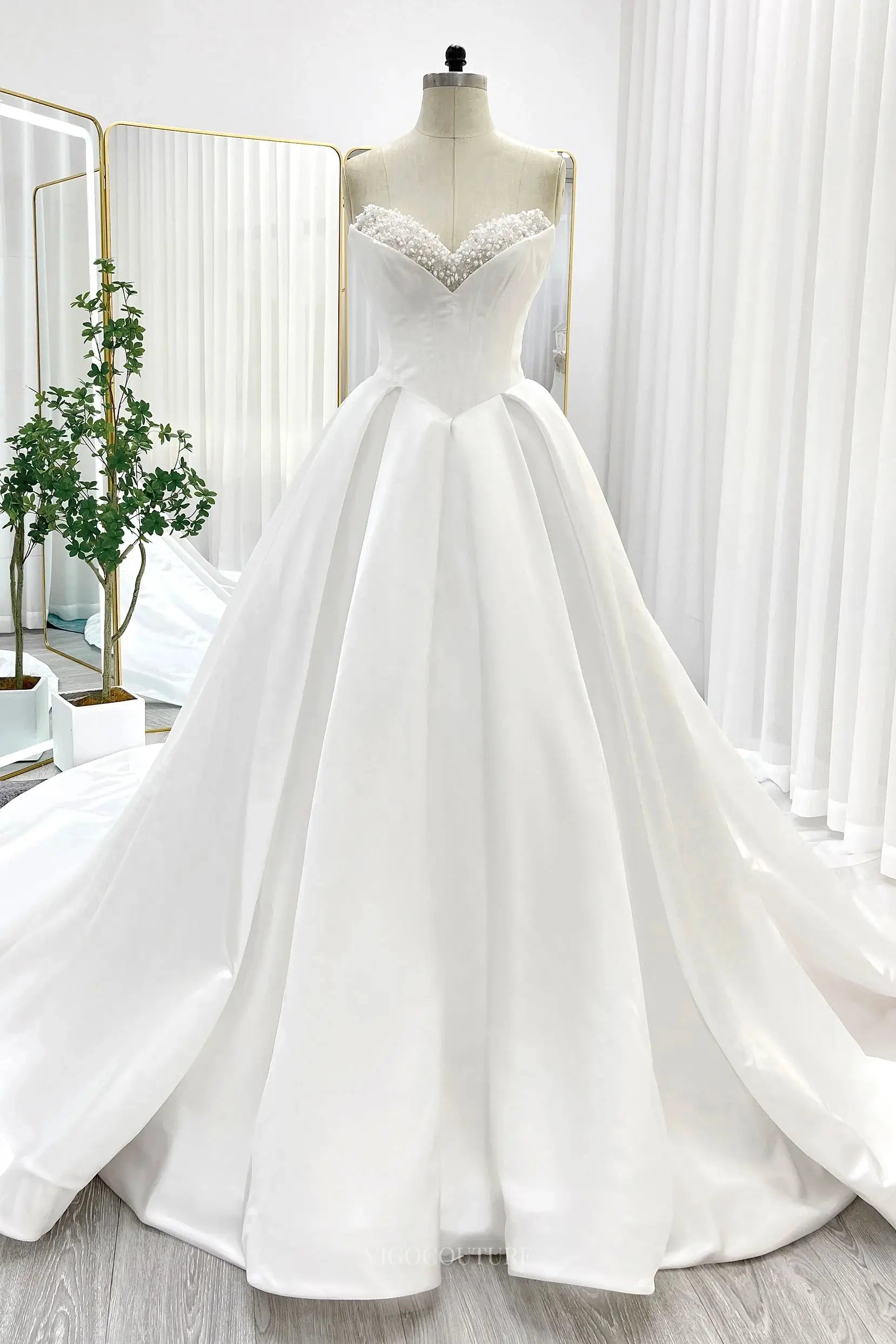Ivory Strapless Satin Wedding Dresses with Beaded Sweetheart Neckline & Chapel Train - MQ030S Ivory / 22W