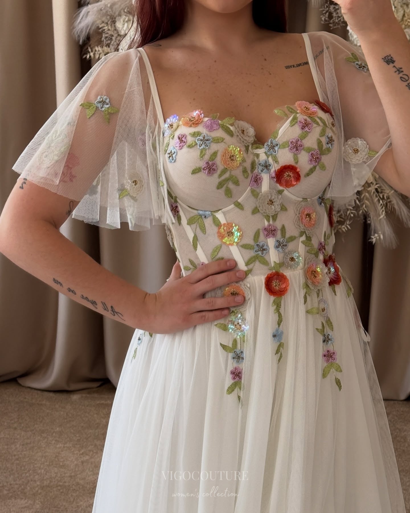 Wedding Dresses 2025 to impress Ivory Wildflower Wedding Dress with Flutter Sleeves, 3D Petal Appliqués, Sheer Corset Bodice, Slit – W2370-vigocouture-vigocouture