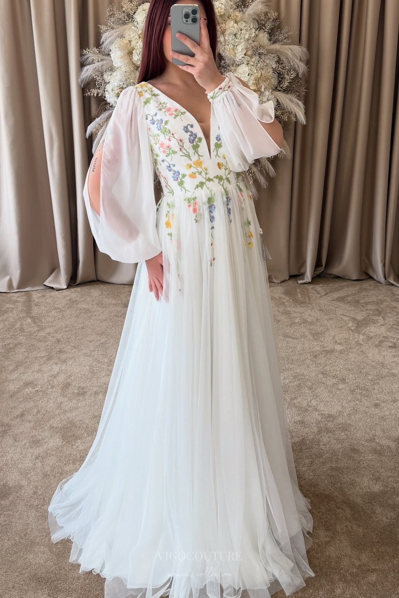 Wedding Dresses 2025 to impress Ivory Wildflower Wedding Dress with V-Neckline, Long Sheer Sleeves, Soft Floral Embroidery & Slit – W2372-vigocouture-vigocouture