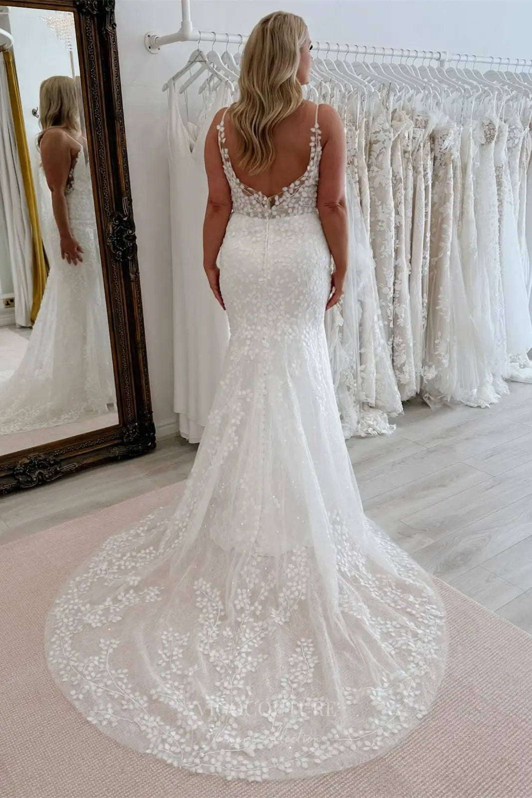 Wedding Dresses 2025 to impress Lily of the Valley Lace Mermaid Wedding Dress with Spaghetti Strap, Scoop Neck, Illusion Back – W2366-vigocouture-vigocouture