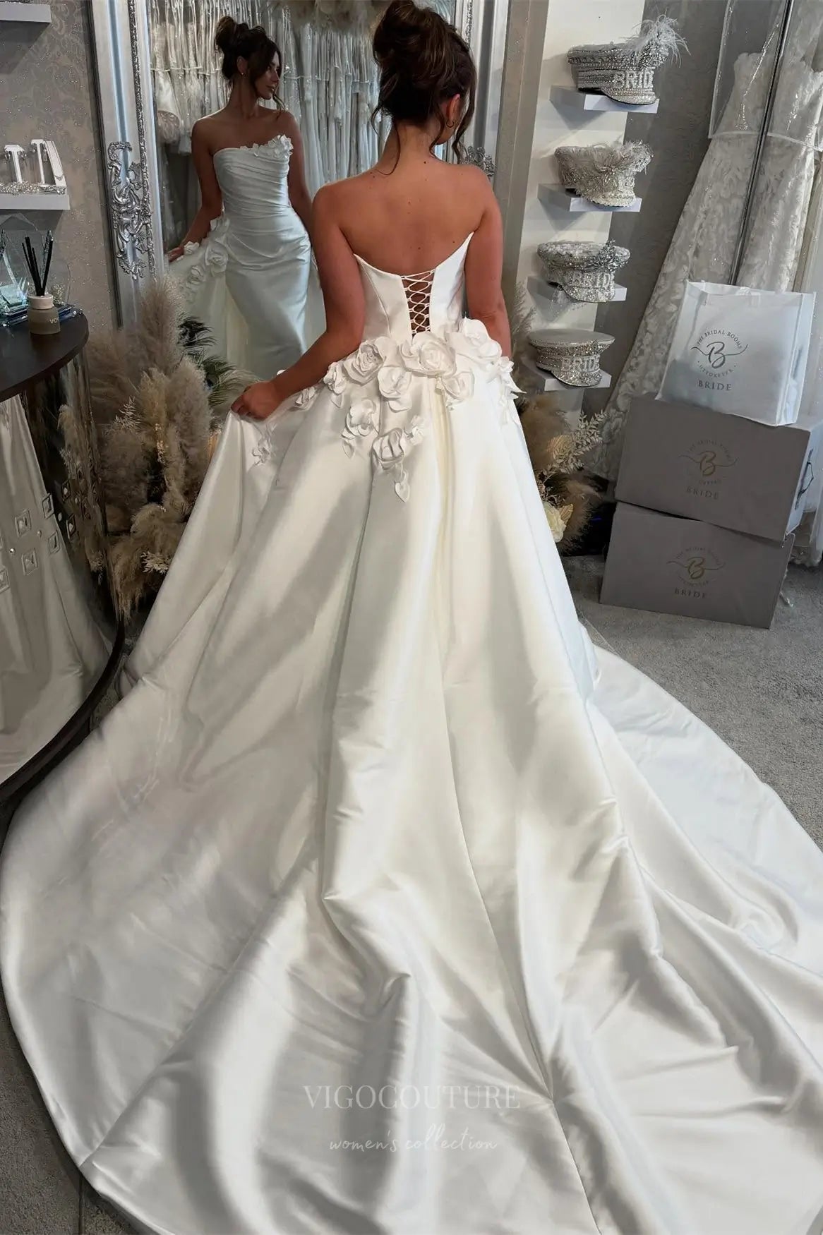 Wedding Dresses 2025 to impress Luxurious Ivory Satin Mermaid Wedding Dress with Detachable Overskirt, Handmade Flowers & Lace-Up Back – W2357-vigocouture-vigocouture