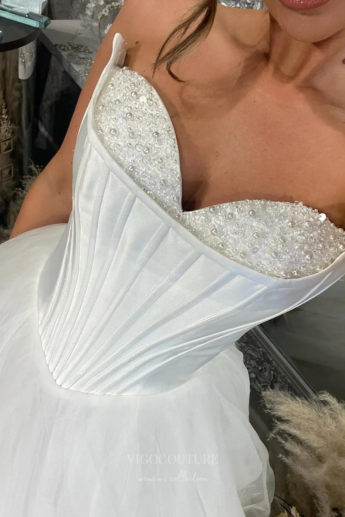 Wedding Dresses 2025 to impress Luxurious Tulle Ball Gown Wedding Dress with Pearl Beaded Sweetheart Neckline, Boned Corset Bodice & Basque Waist – W2617-vigocouture-vigocouture