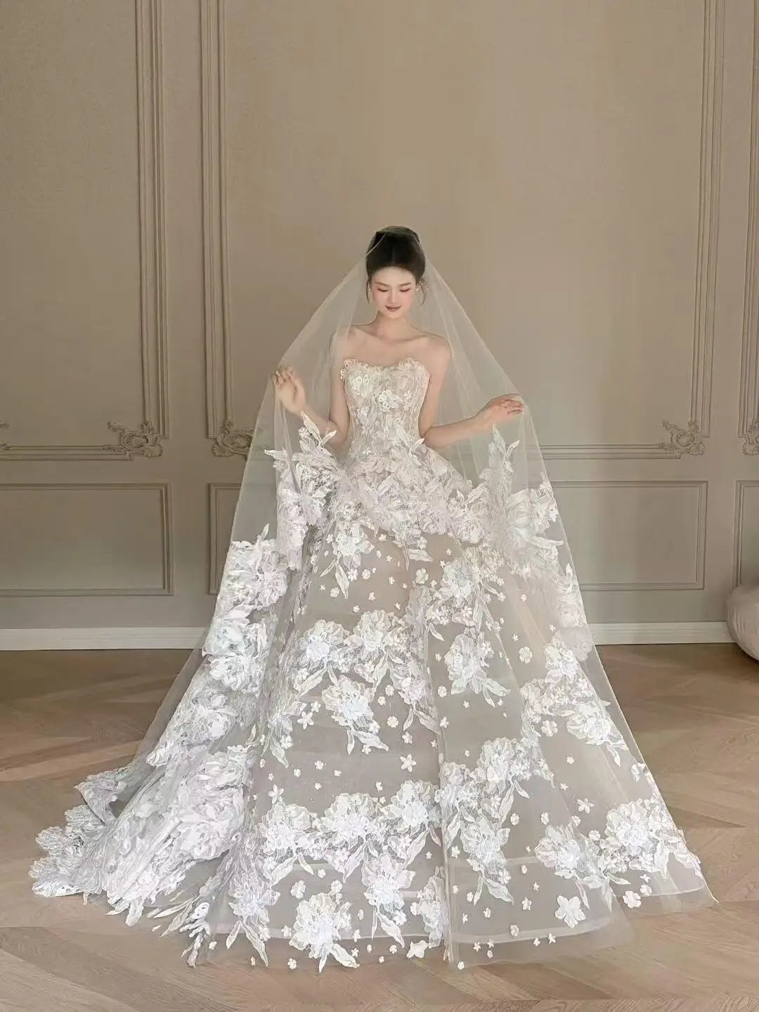 luxury custom wedding dress 3D Floral Lace Ball Gown Wedding Dress with Cathedral Veil Custom Colors / 0