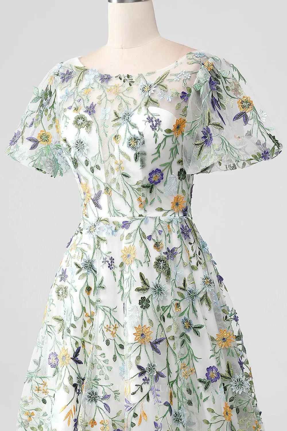 Wedding Dresses 2025 to impress Meadow Flower Whimsical Wedding Dress with Sheer Illusion Neckline and Flutter Sleeves – W2237-vigocouture-vigocouture