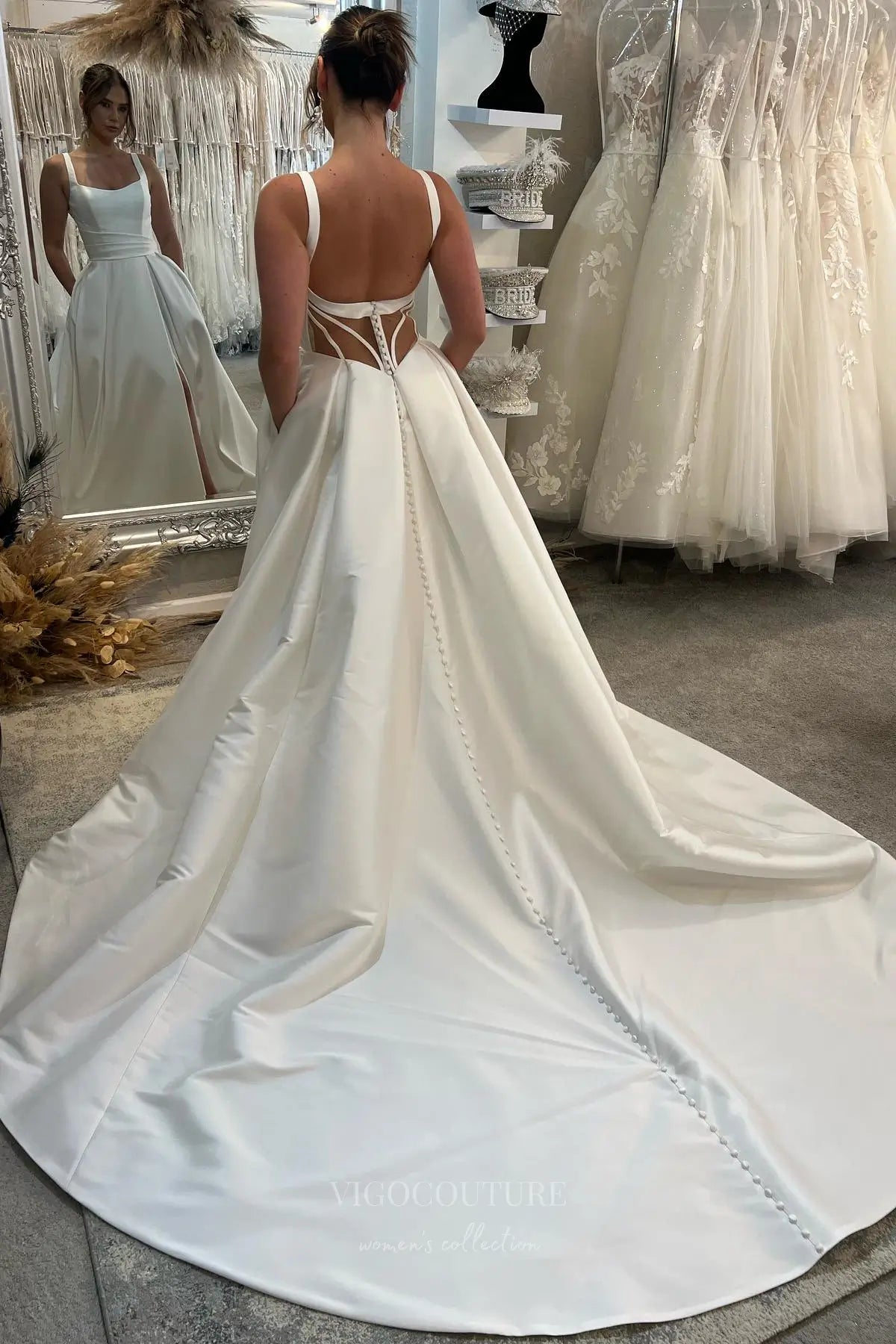 Wedding Dresses 2025 to impress Minimalist Satin A-Line Wedding Dress with Pockets, Square Neckline, Corset Back, and High Slit – W2602-vigocouture-vigocouture