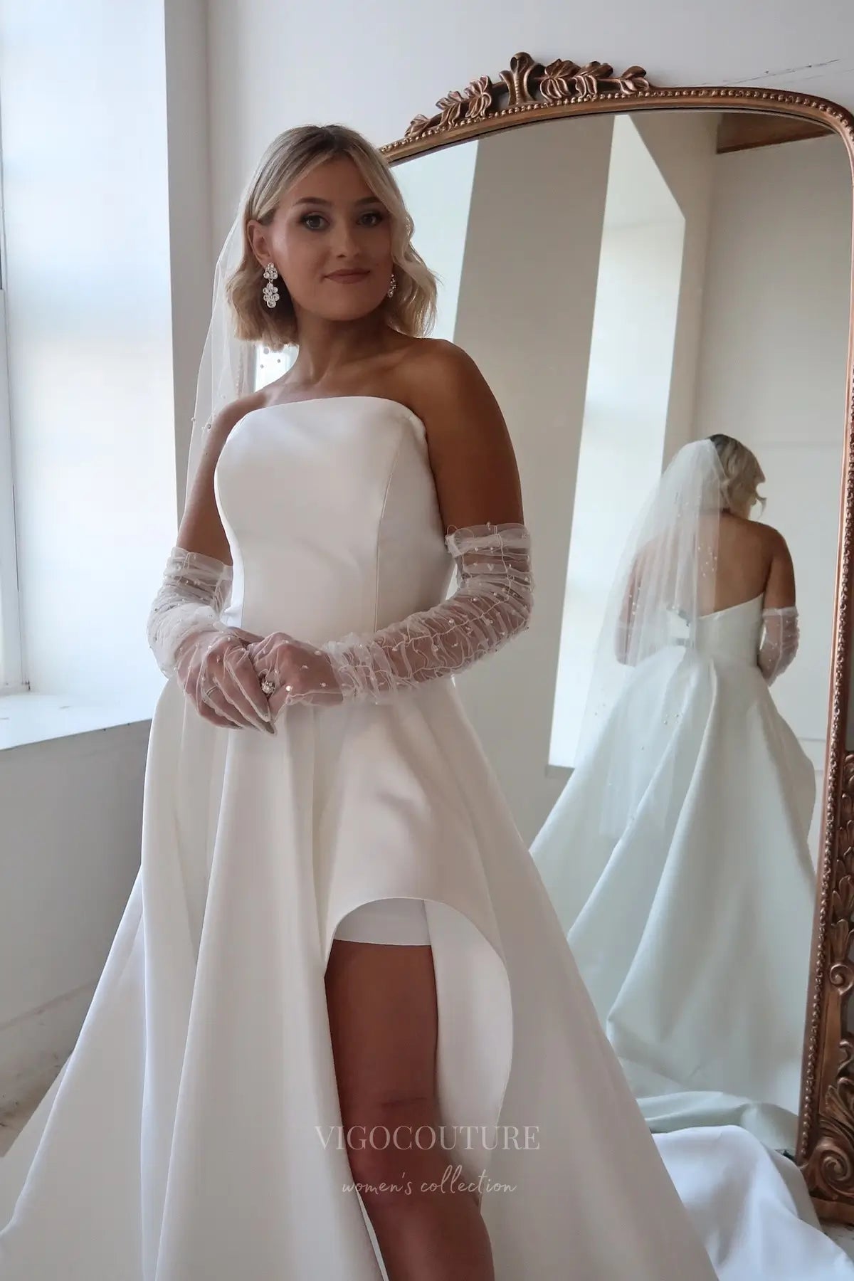 Wedding Dresses 2025 to impress Modern Strapless Satin Ball Gown Wedding Dress with High Slit & Chapel Train – W2614-vigocouture-vigocouture