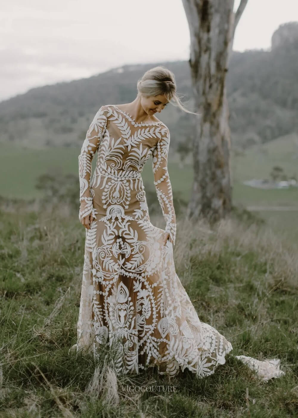 Nude Boho Long Sleeve Wedding Dress Bohemian Bridal Gown RDS001 vigocouture Nude Boho Long Sleeve Wedding Dress Bohemian Bridal Gown RDS001 vigocouture