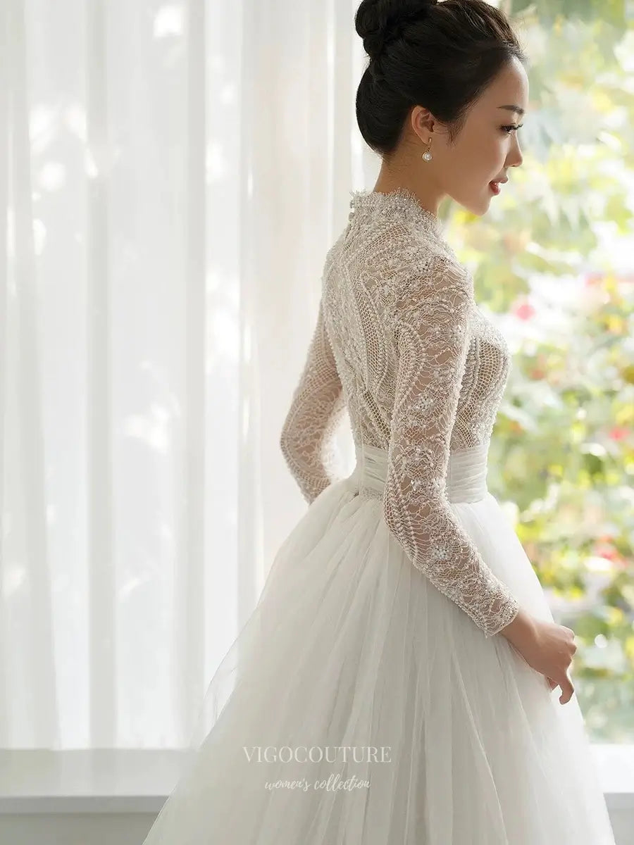Wedding Dresses 2025 to impress Regal High Neck Beaded Lace Wedding Dress with Long Sleeves and Tulle Ball Gown Skirt – RD029-vigocouture-vigocouture