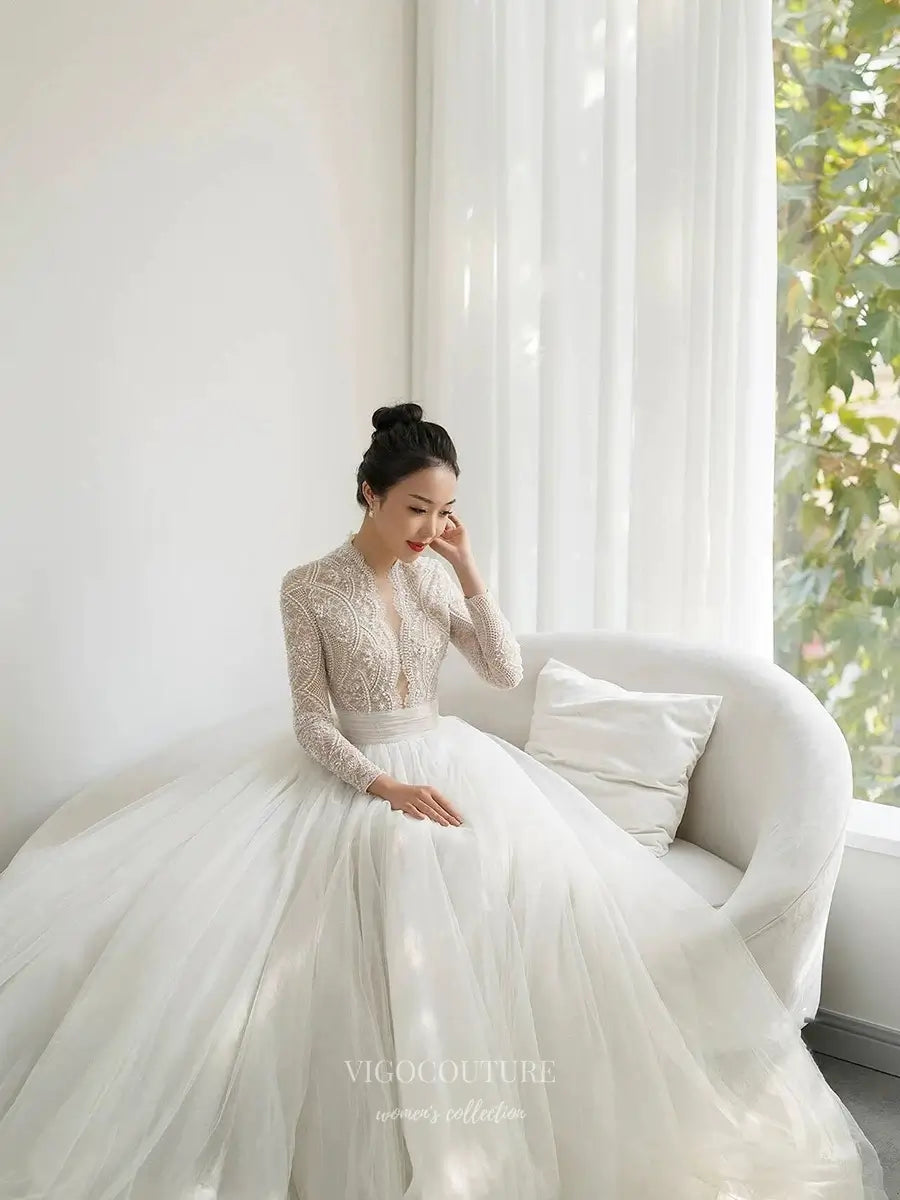High Neck Beaded Lace Wedding Dress with Tulle Ball Gown – RD029 – vigocouture