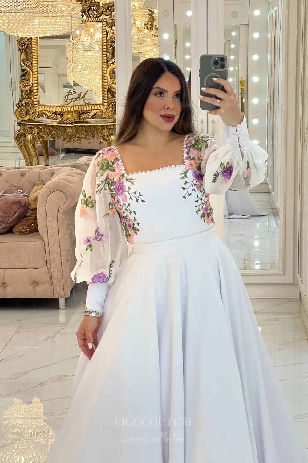 Wedding Dresses 2025 to impress Romantic Floral Embroidered A-Line Wedding Dress with Square Neckline & Sheer Long Sleeves – W2623-vigocouture-vigocouture