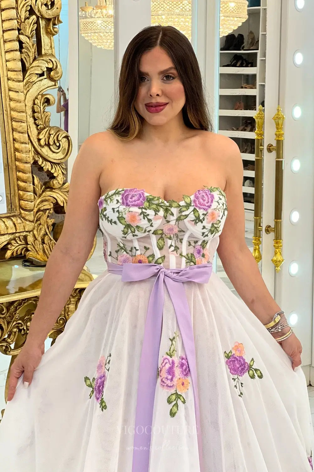 Wedding Dresses 2025 to impress Romantic Floral Embroidered A-Line Wedding Dress with Sweetheart Bodice, Lavender Bow & Removable Puff Sleeves – W2628-vigocouture-vigocouture