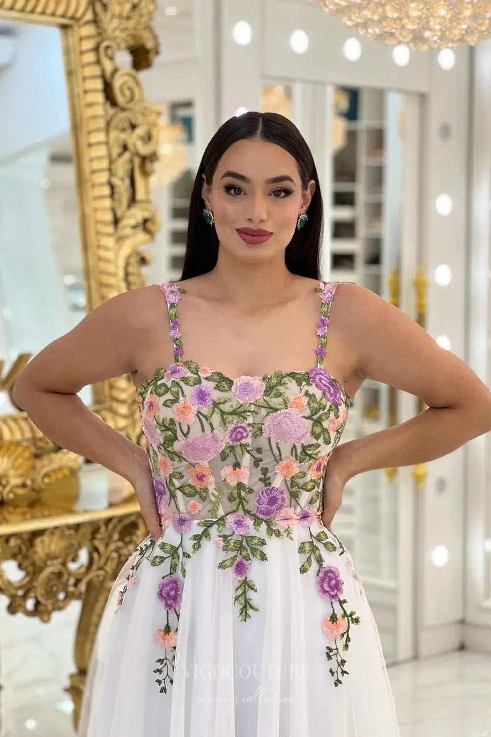 Wedding Dresses 2025 to impress Romantic Floral Embroidered Midi Wedding Dress with Sheer Bodice, Delicate Straps & Tulle A-Line Skirt – W2630-vigocouture-vigocouture