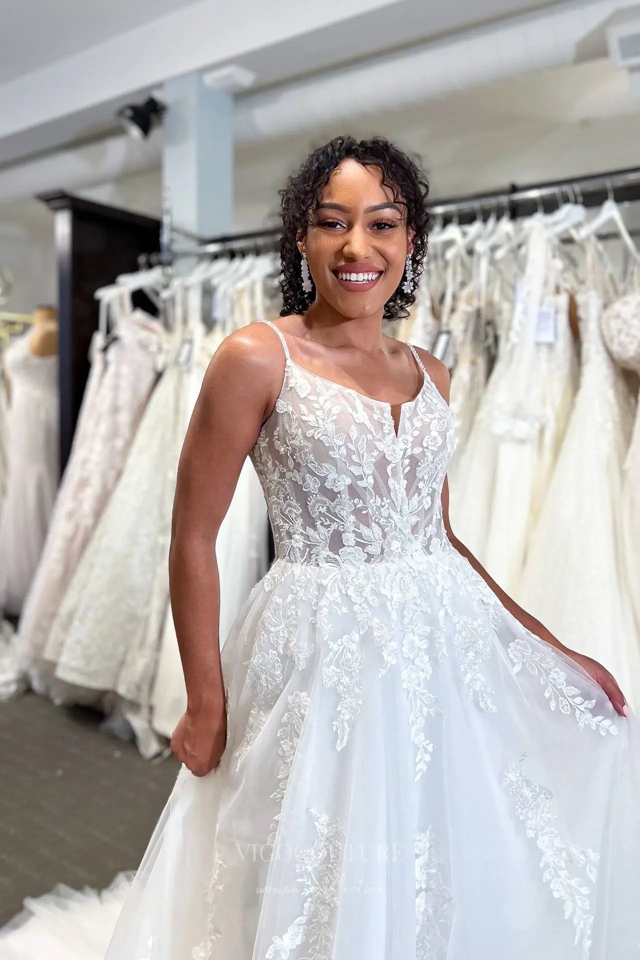 Wedding Dresses 2025 to impress Romantic Ivory Floral Lace Wedding Dress with Sheer Corset Bodice, Spaghetti Straps & Flowing Tulle Skirt – VW2593-vigocouture-vigocouture