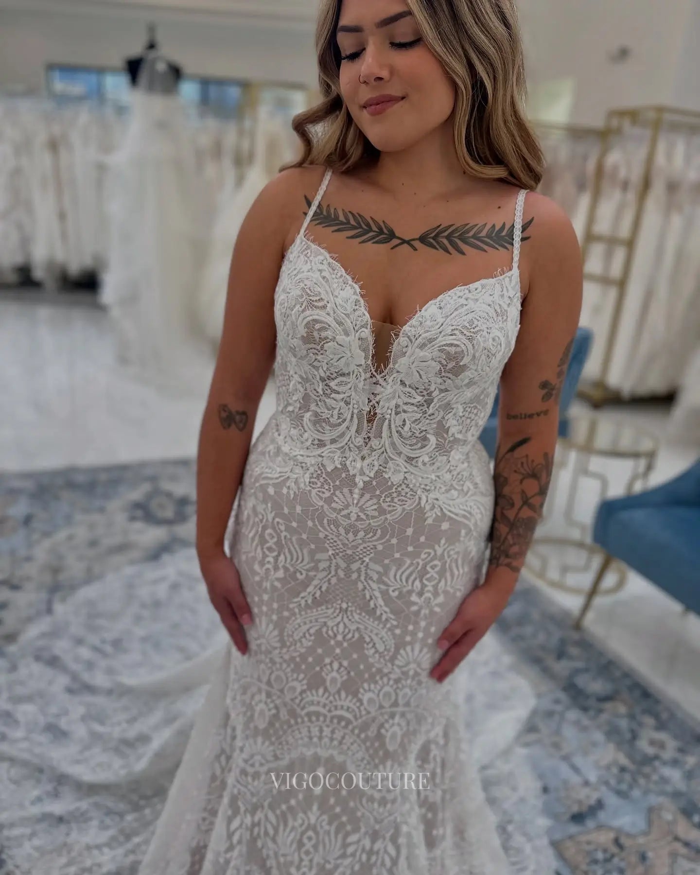 Wedding Dresses 2025 to impress Romantic Ivory Lace Mermaid Wedding Dress with Spaghetti Straps, Plunging Neckline & Sheer Chapel Train – W2640-vigocouture-vigocouture