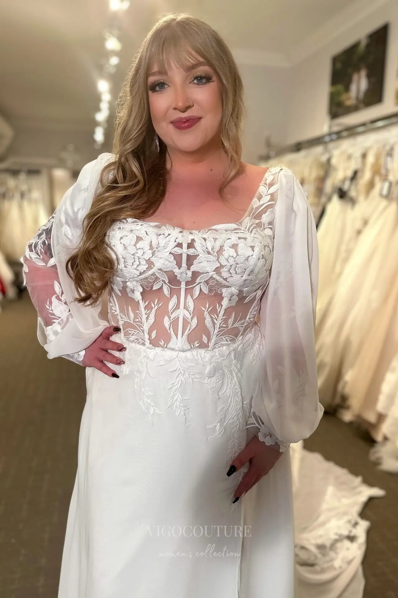 Wedding Dresses 2025 to impress Romantic Ivory Lace Wedding Dress with Bishop Sleeves, Sheer Bodice, Front Slit & Chapel Train – VW2589-vigocouture-vigocouture