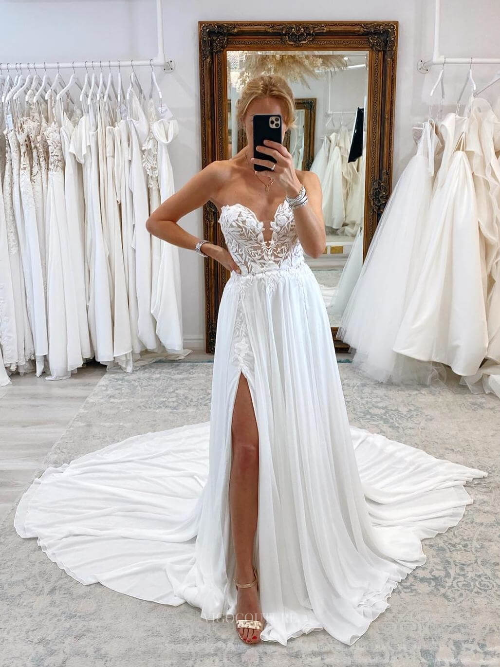 Strapless Lace Applique Sweetheart Wedding Dress with Slit Chiffon Bridal Gown W0124 Custom Colors / 16W Strapless Lace Applique Sweetheart Wedding Dress with Slit Chiffon Bridal Gown W0124 Custom Colors / 16W