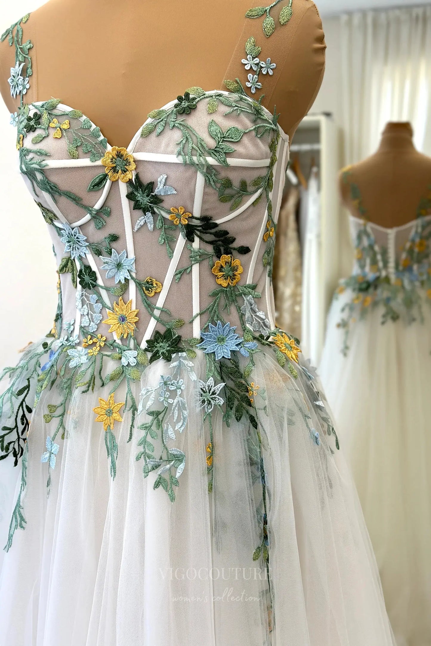 Wedding Dresses 2025 to impress Whimsical Boho Floral Wedding Dress with Sheer Corset Bodice and Tulle A-Line Skirt – W2227-vigocouture-vigocouture