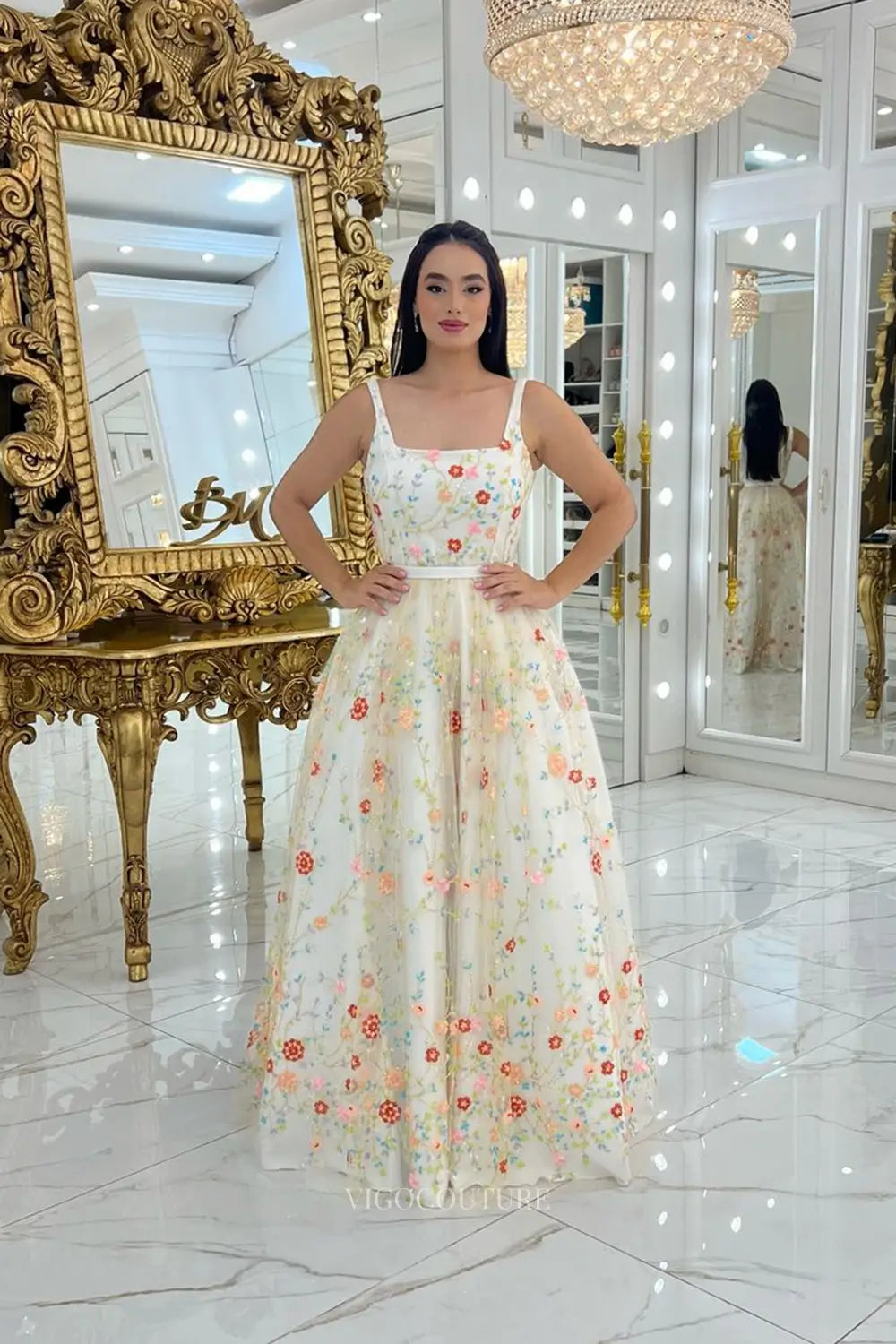 Whimsical White Floral Embroidered A-Line Wedding Dress with Square Neckline & Sheer Sleeves – W2643