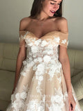 vigocouture-3D Flower Lace Applique Wedding Dresses Off the Shoulder Wedding Gown W0040-Wedding Dresses-vigocouture-