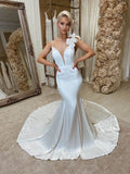 vigocouture-3D Flower Satin Wedding Dresses Plunging V-Neck Mermaid Bridal Dresses W0027-Wedding Dresses-vigocouture-As Pictured-US2-