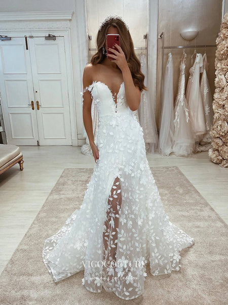 3D Flower Lace Plunge Neckline Wedding Dress with High Slit