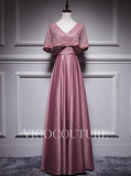 vigocouture-A-line Satin Evening Dress Lace V-Neck Prom Dress 20278-Prom Dresses-vigocouture-Pink-US2-
