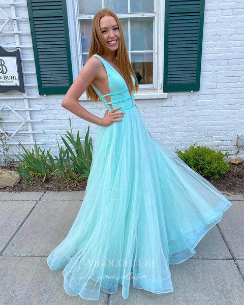 Aqua Tulle Prom Dresses Plunging V-Neck Formal Dress 21988