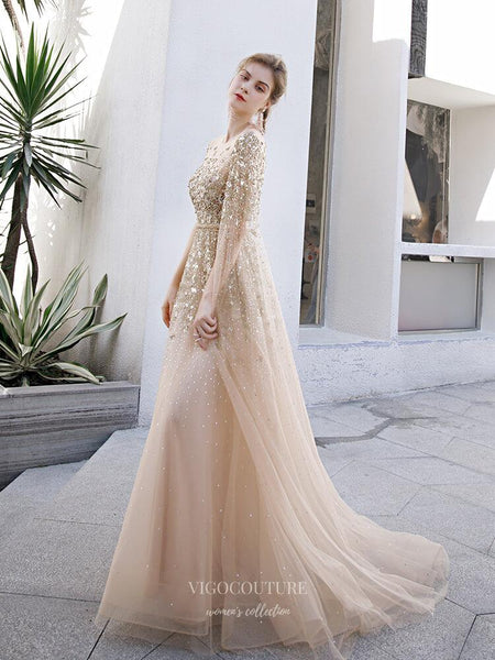 Beaded Extra Long Sleeve Prom Dress 20232 – vigocouture