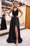 Black A-Line Prom Dress with Beaded Bodice, Satin Bottom, Slit, Pockets, and Plunging V-Neck 22182-Prom Dresses-vigocouture-Black-Custom Size-vigocouture