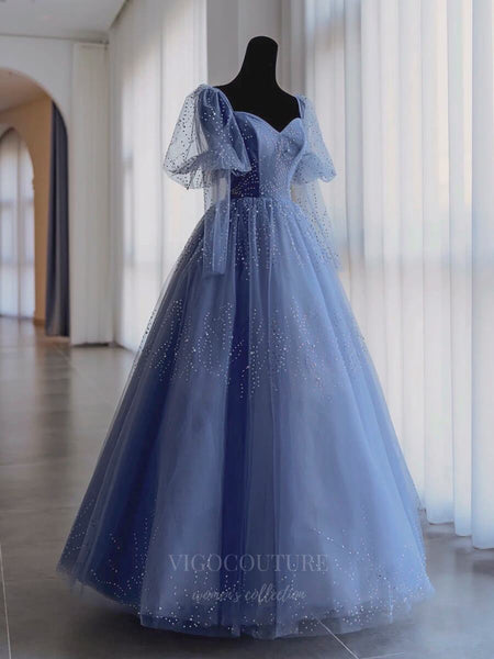 A Blue Tulle Long Puff Sleeve Prom Dress