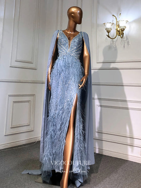 Navy Beaded Sequin Lace Cape Sleeve Evening Gown - Formal Gown