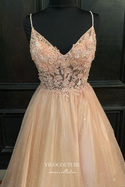 Stunning Sparkly Tulle Prom Dress with Lace Applique and Spaghetti Str –  Viniodress