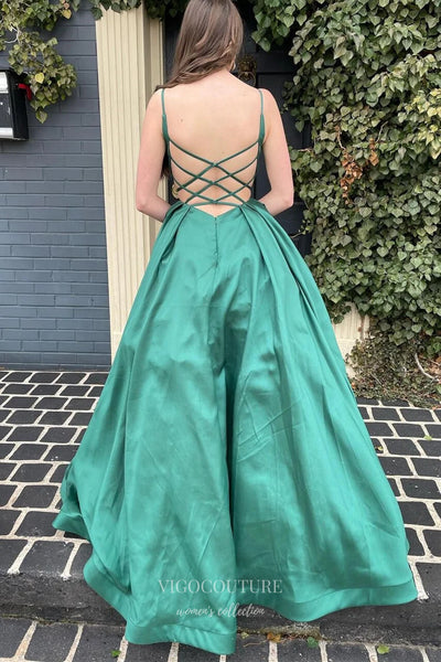 Emerald Green Satin Prom Dresses Spaghetti Strap Evening Gown 21970