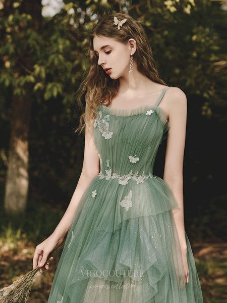 Green Spaghetti Strap Floral Prom Dress 20705 – vigocouture