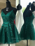 Green Spaghetti Strap Homecoming Dress Lace Applique Hoco Dress hc031