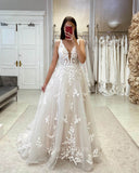 Ivory Lace Applique Wedding Dresses Plunging V-Neck Bridal Gown W0103