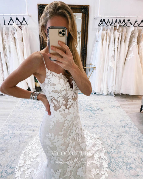 vigocouture Lace Applique Wedding Dresses Mermaid Boho Bridal Gown W0092 Ivory / US12