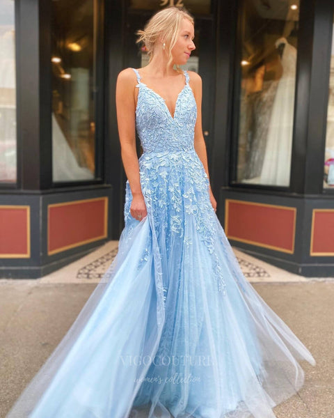 Light Blue Lace Applique Wedding Dresses With Slit Plunging V-Neck Bri –  vigocouture