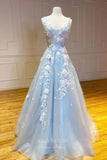 Light Blue Lace Applique Prom Dresses 3D Flower Plunging V-Neck Evening Dress 21730