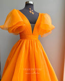 vigocouture-Orange Puffed Sleeve Prom Dresses Plunging V-Neck A-Line Evening Dress 21700-Prom Dresses-vigocouture-