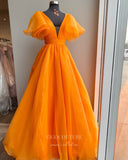 Orange Puffed Sleeve Prom Dresses Plunging V-Neck A-Line Evening Dress 21700