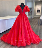 vigocouture-Orange Puffed Sleeve Prom Dresses Plunging V-Neck A-Line Evening Dress 21700-Prom Dresses-vigocouture-Red-US2-