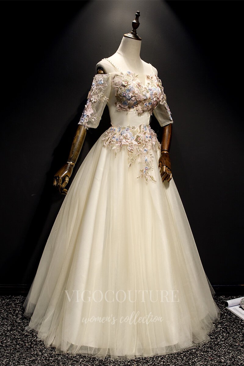 Ivory Lace Applique Quinceaera Dresses Elbow Sleeve Ball Gown 20437 vigocouture Ivory Lace Applique Quinceaera Dresses Elbow Sleeve Ball Gown 20437 vigocouture