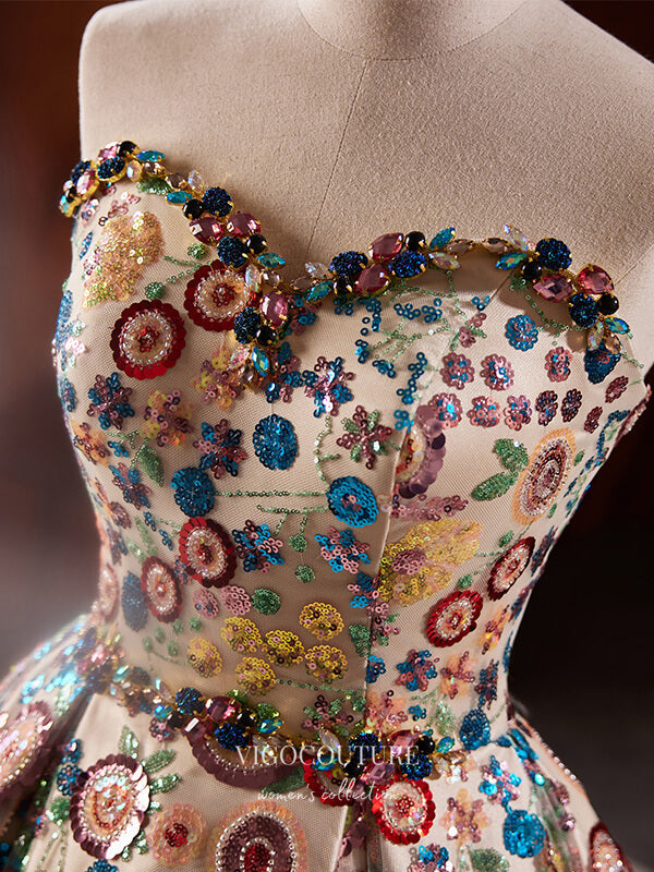 Luxury Strapless Ball Gown with Multicolored Sequin Floral Lace 22358-Prom Dresses-vigocouture-Blue-Custom Size-vigocouture