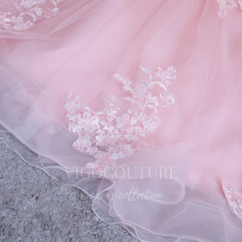vigocouture-Pink Lace Applique Quinceañera Dresses Off the Shoulder Ball Gown 20438-Prom Dresses-vigocouture-