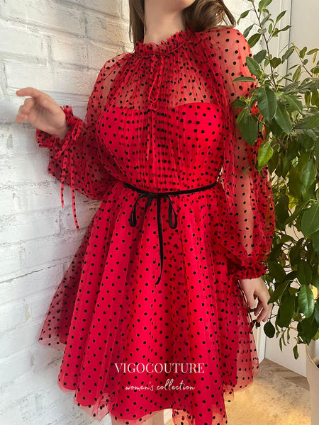 Red Dotted Tulle Hoco Dresses Long Sleeve Graduation Dresses hc164