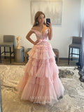 Rruffled Sparkly Tulle Prom Dresses Plunging V-Neck Lace Applique Formal Gown 22033