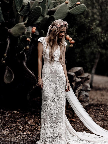 Rustic Lace Wedding Dresses Sheath Beach Boho Wedding Dresses W0014 –  vigocouture